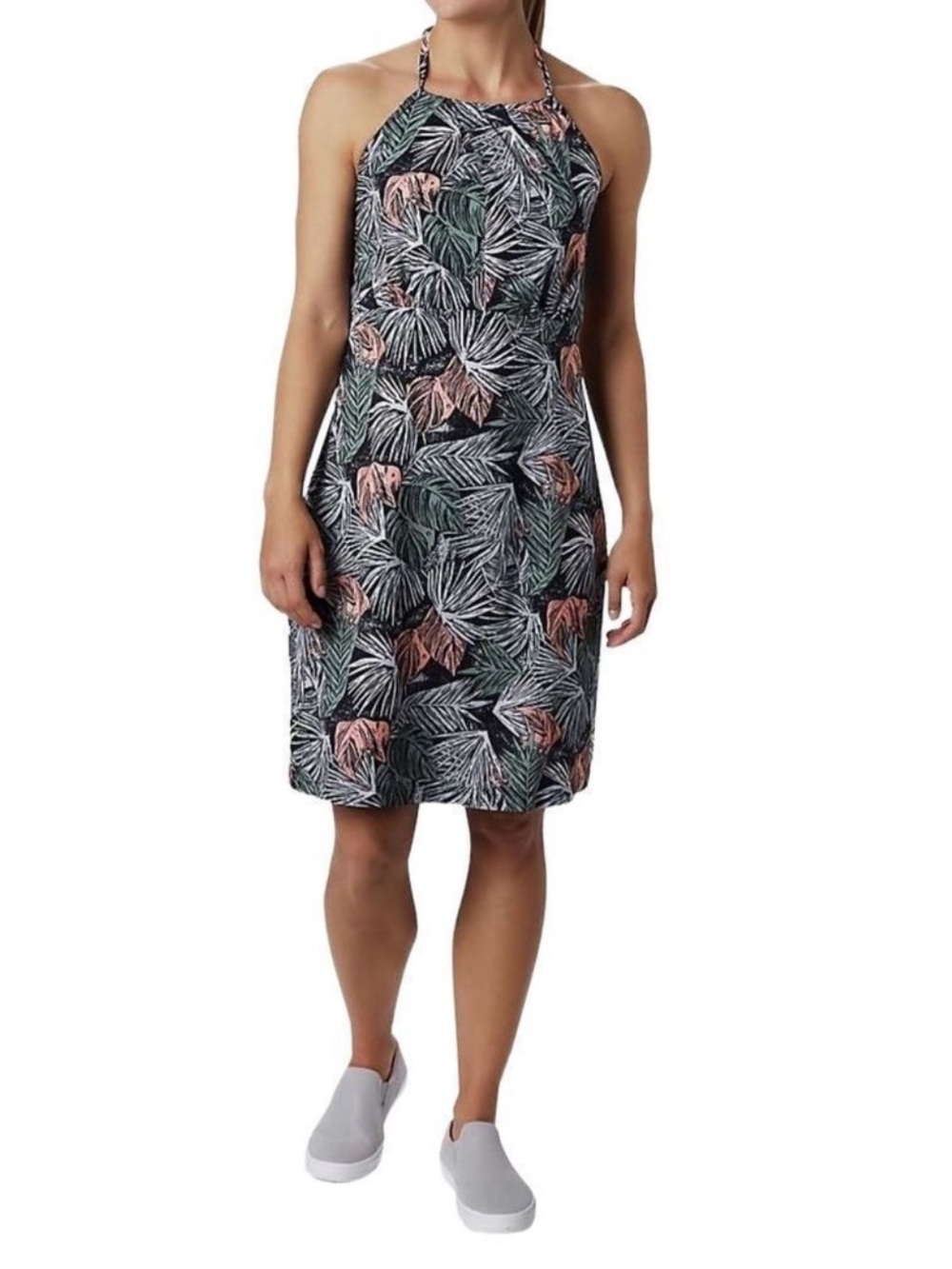 NWT Columbia PFG Armadale II Halter Top Dress w/Pink & Green Leaf Print UPF 40